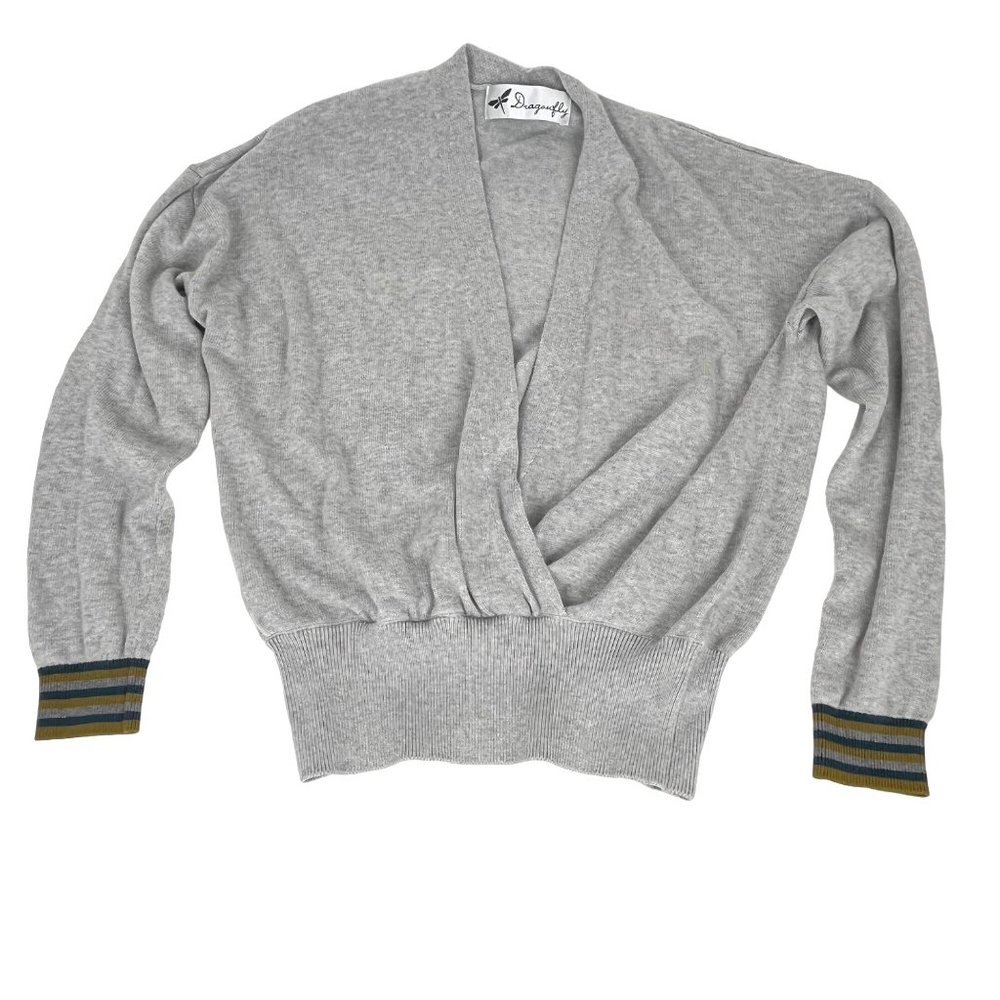 Dragonfly Boutique Faux-Wrap V-Neck Sweater Gray Striped Cuff Sz. XS